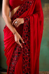 Red Chinon Saree