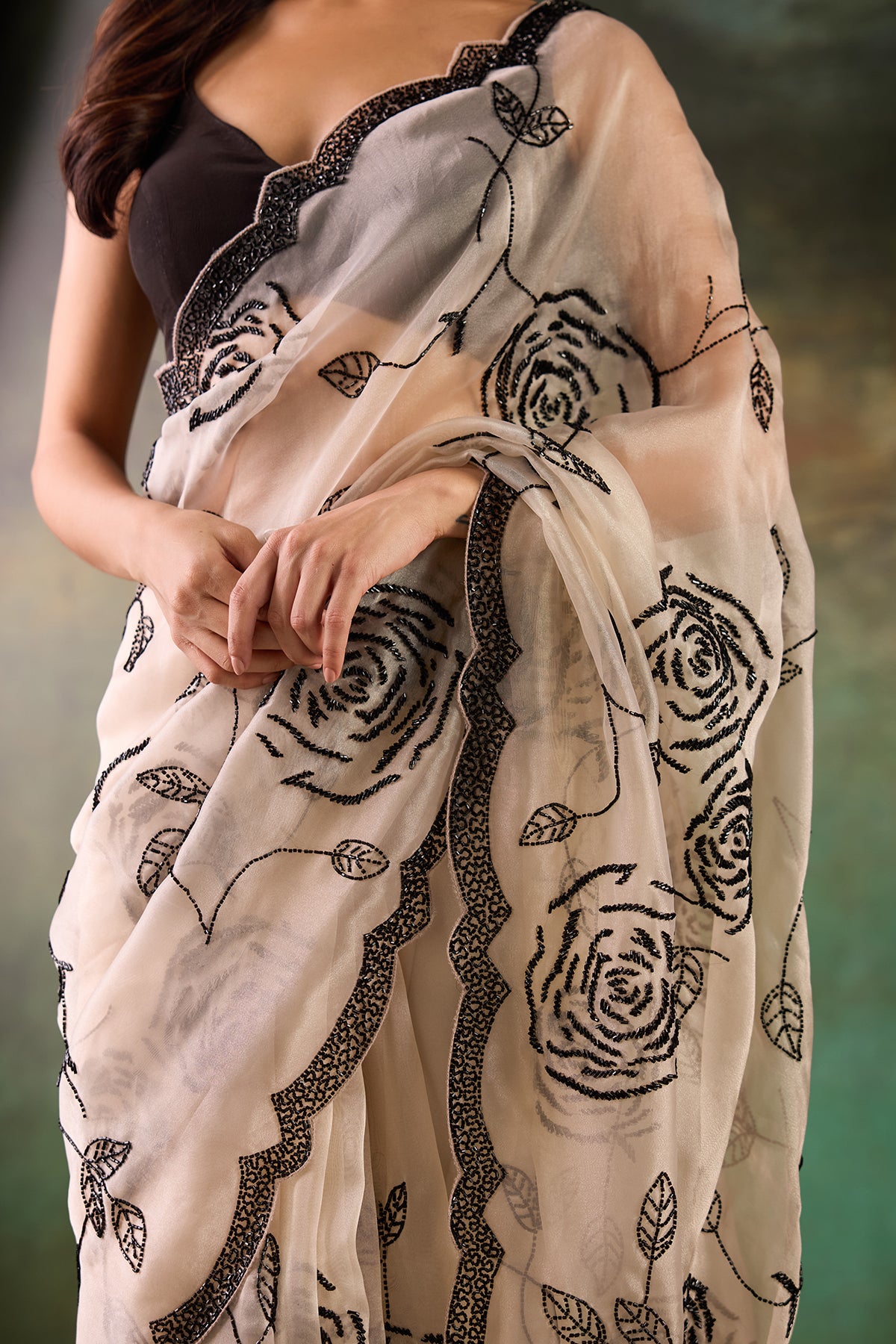 Beige Organza Hand Work Saree