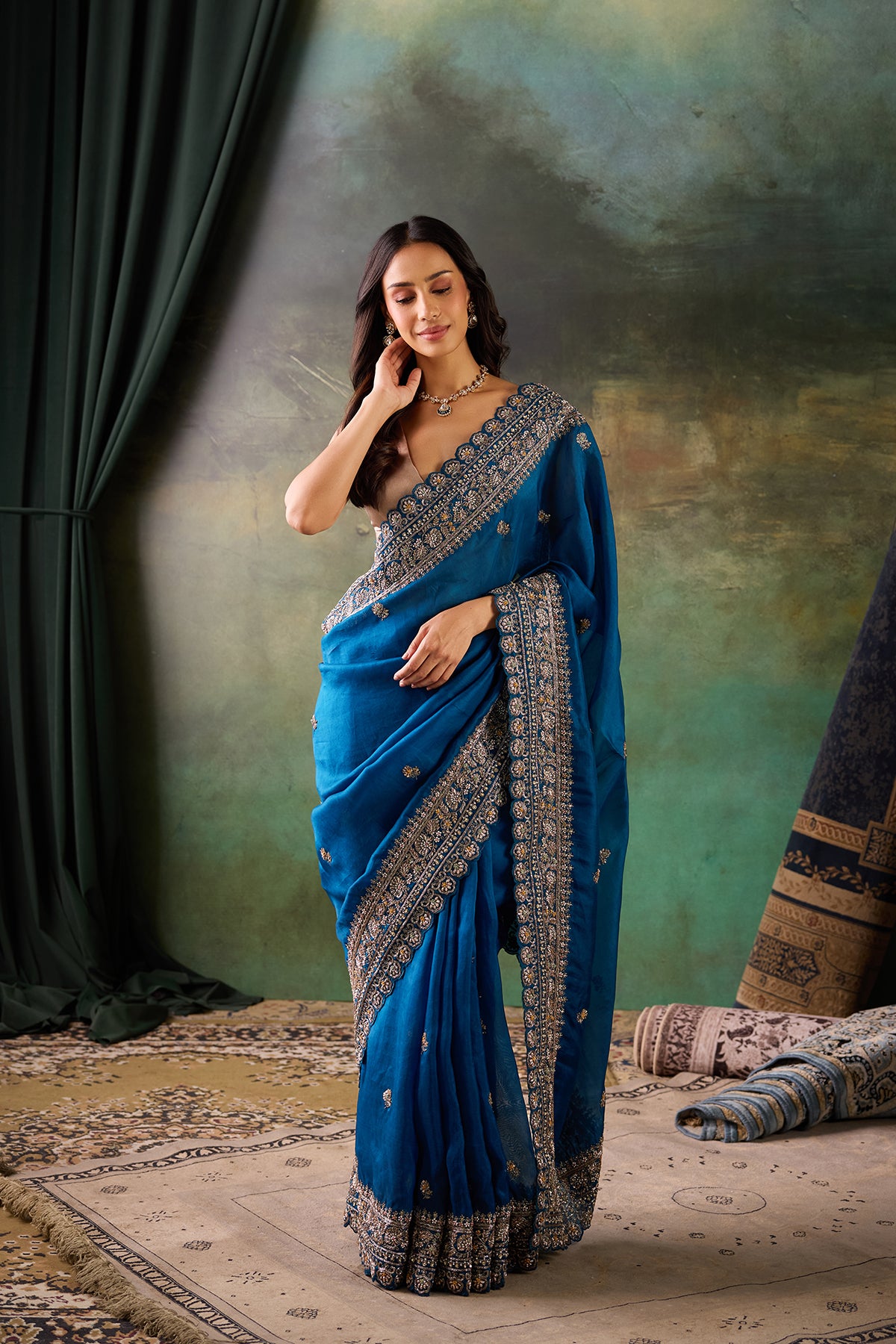 P-Blue Organza Hand Work Saree