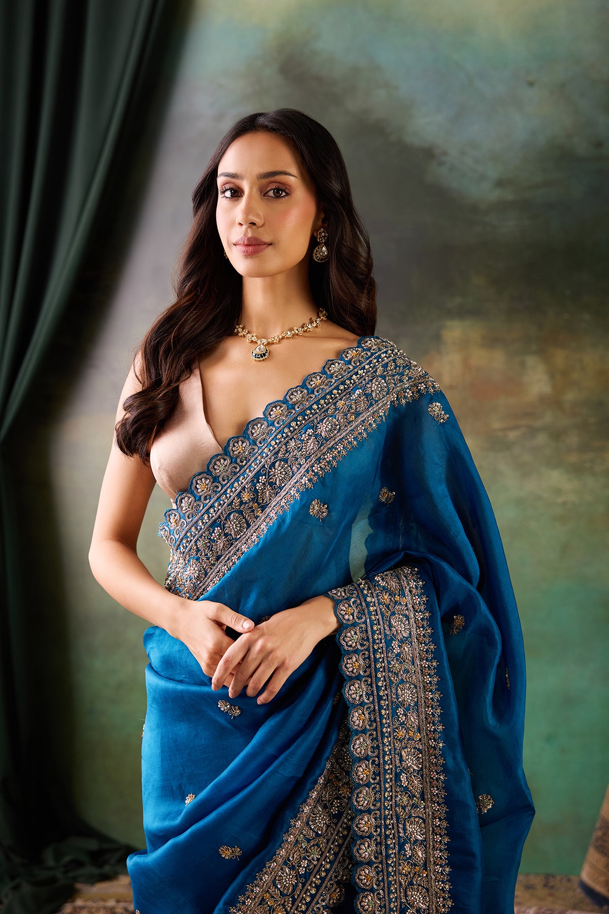 P-Blue Organza Hand Work Saree