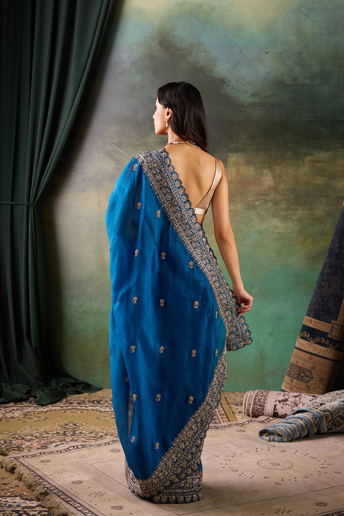 P-Blue Organza Hand Work Saree