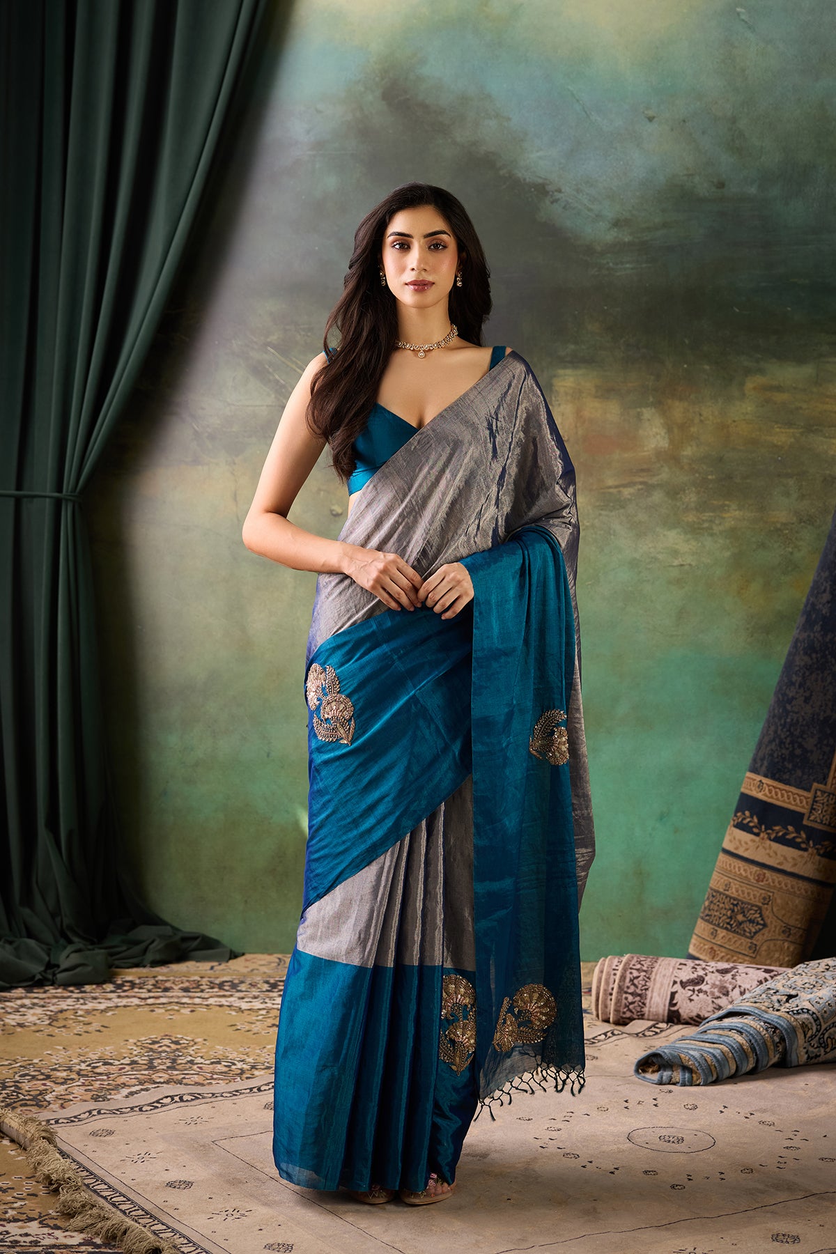 Silver-Blue Tissue Silk Saree