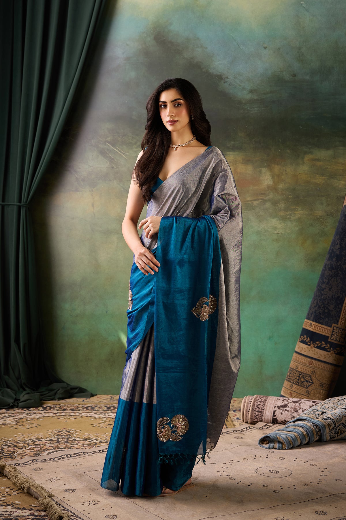 Silver-Blue Tissue Silk Saree