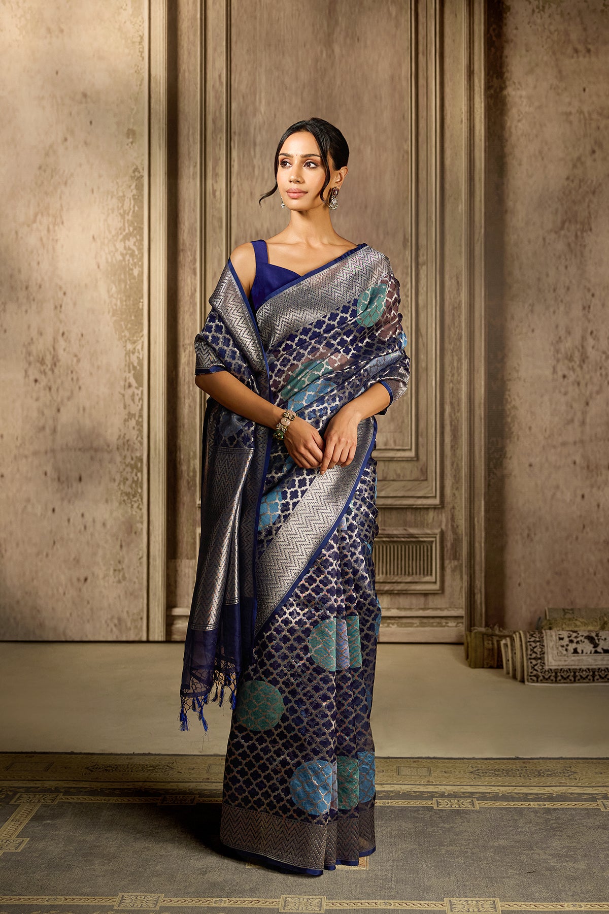 Navy-Blue Tissue Kora Silk Saree