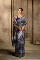 Navy-Blue Tissue Kora Silk Saree