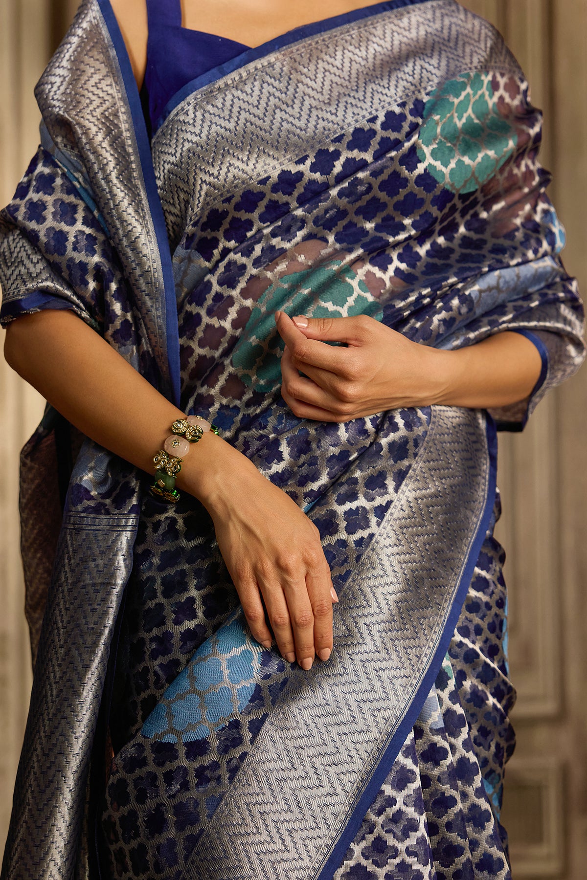 Navy-Blue Tissue Kora Silk Saree