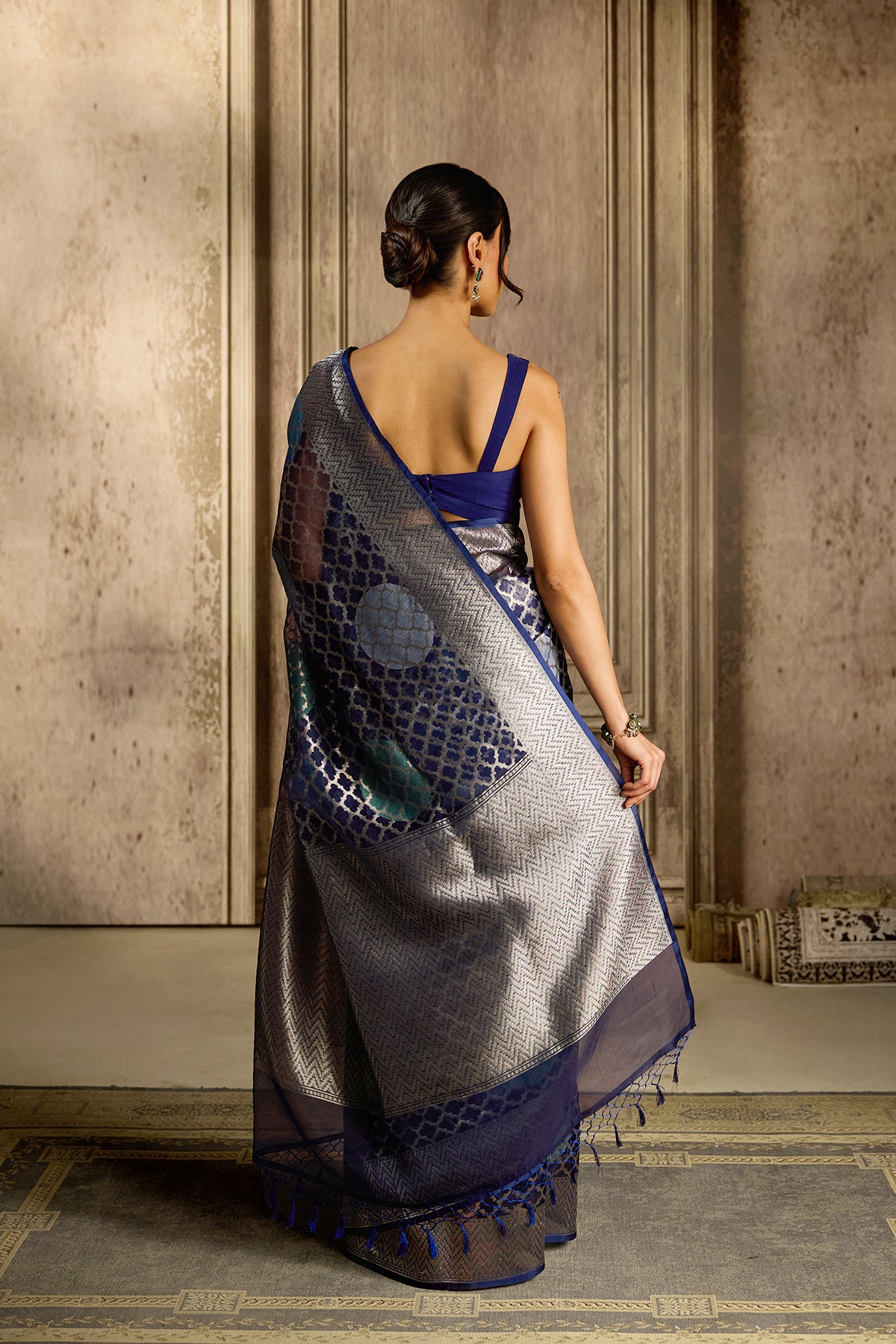 Navy-Blue Tissue Kora Silk Saree