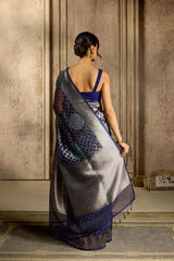 Navy-Blue Tissue Kora Silk Saree