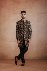Black Raw Silk Indo-Western