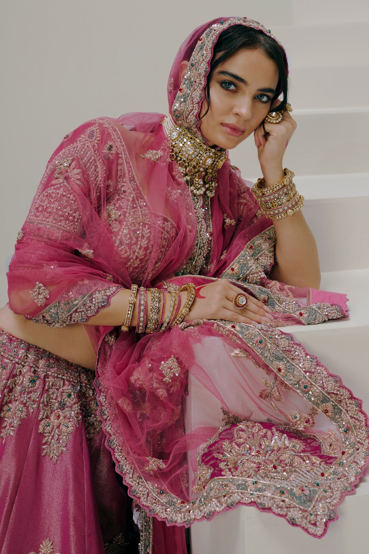 Rose Pink Dabka Embroidered Bridal Lehenga