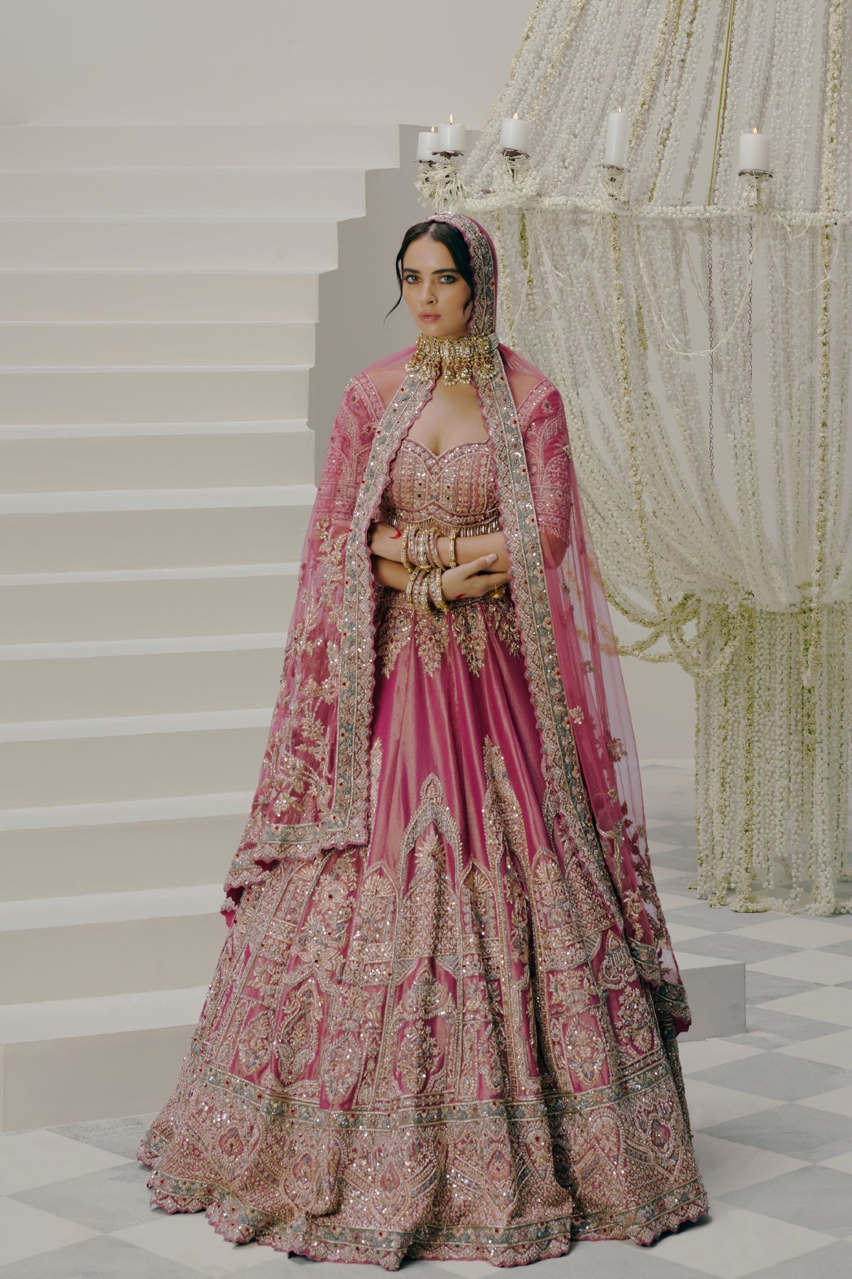 Rose Pink Dabka Embroidered Bridal Lehenga