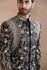 Black Raw Silk Indo-Western with Mirror & Zari work