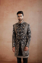 Black Raw Silk Indo-Western with Mirror & Zari work