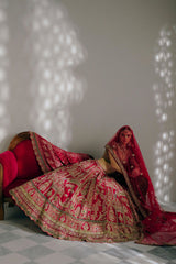 Crimson Red Dabka Lehenga