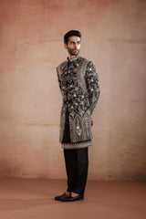 Black Raw Silk Indo-Western with Mirror & Zari work
