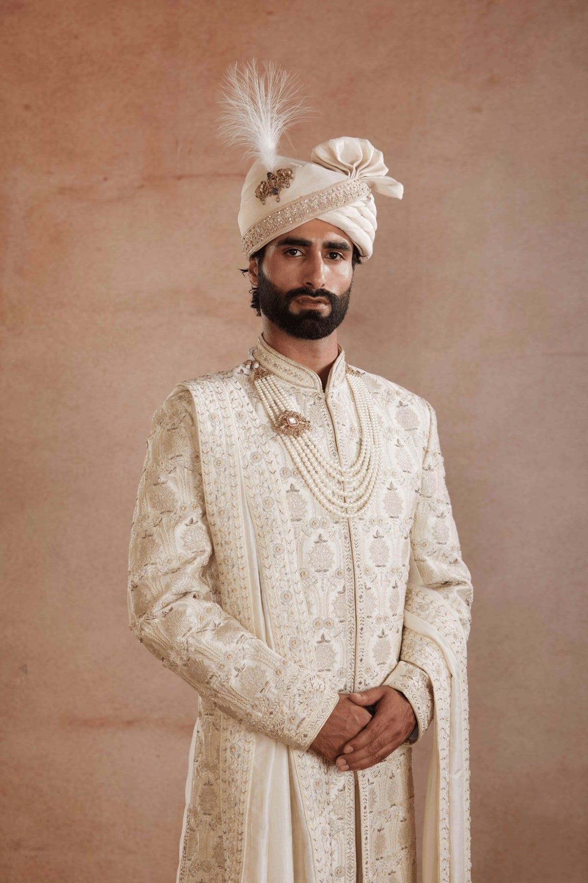 Cream Raw Silk Sherwani with Zardosi Embroidery