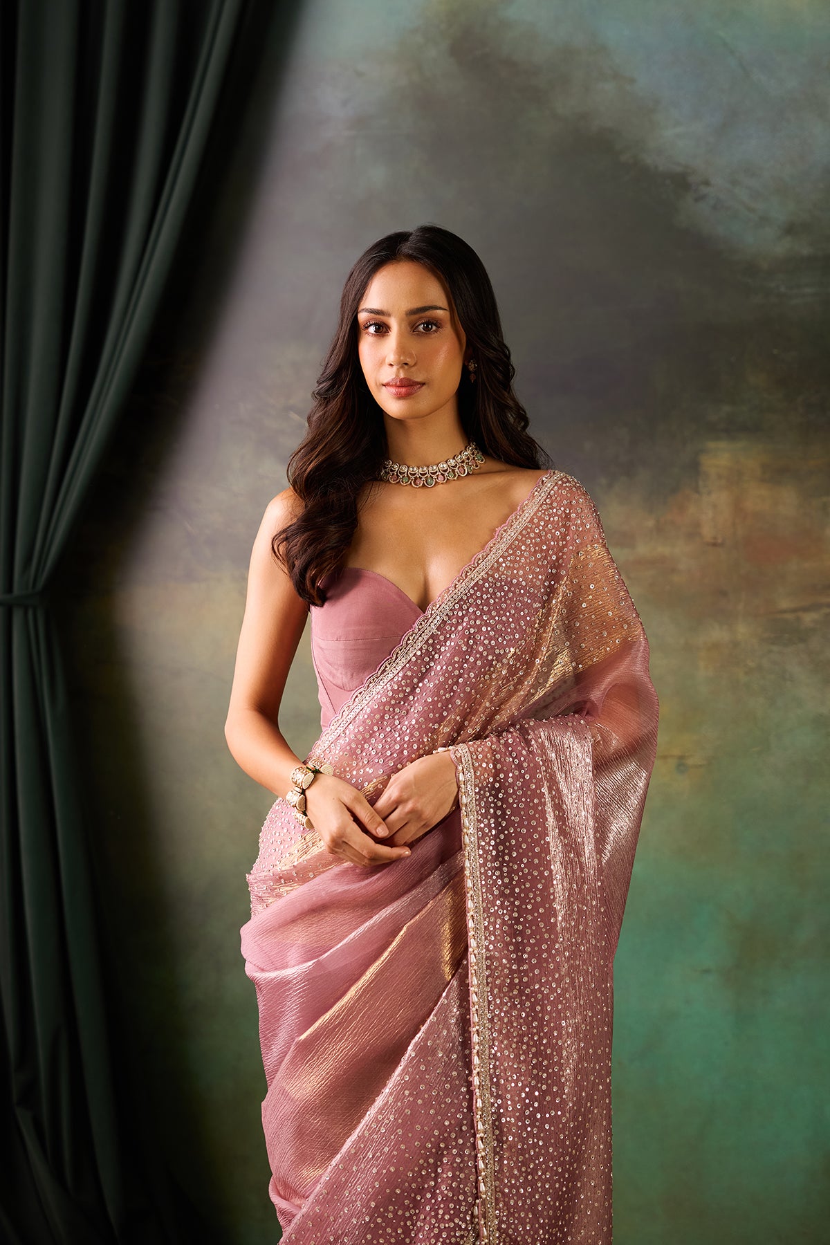 Mauve Organza Hand Work Saree