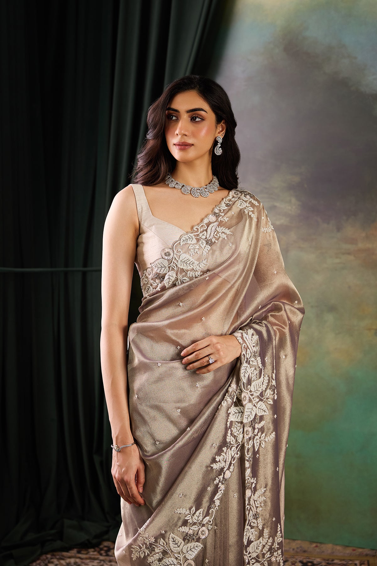 Grey / Aqua Glass Tissue Saree