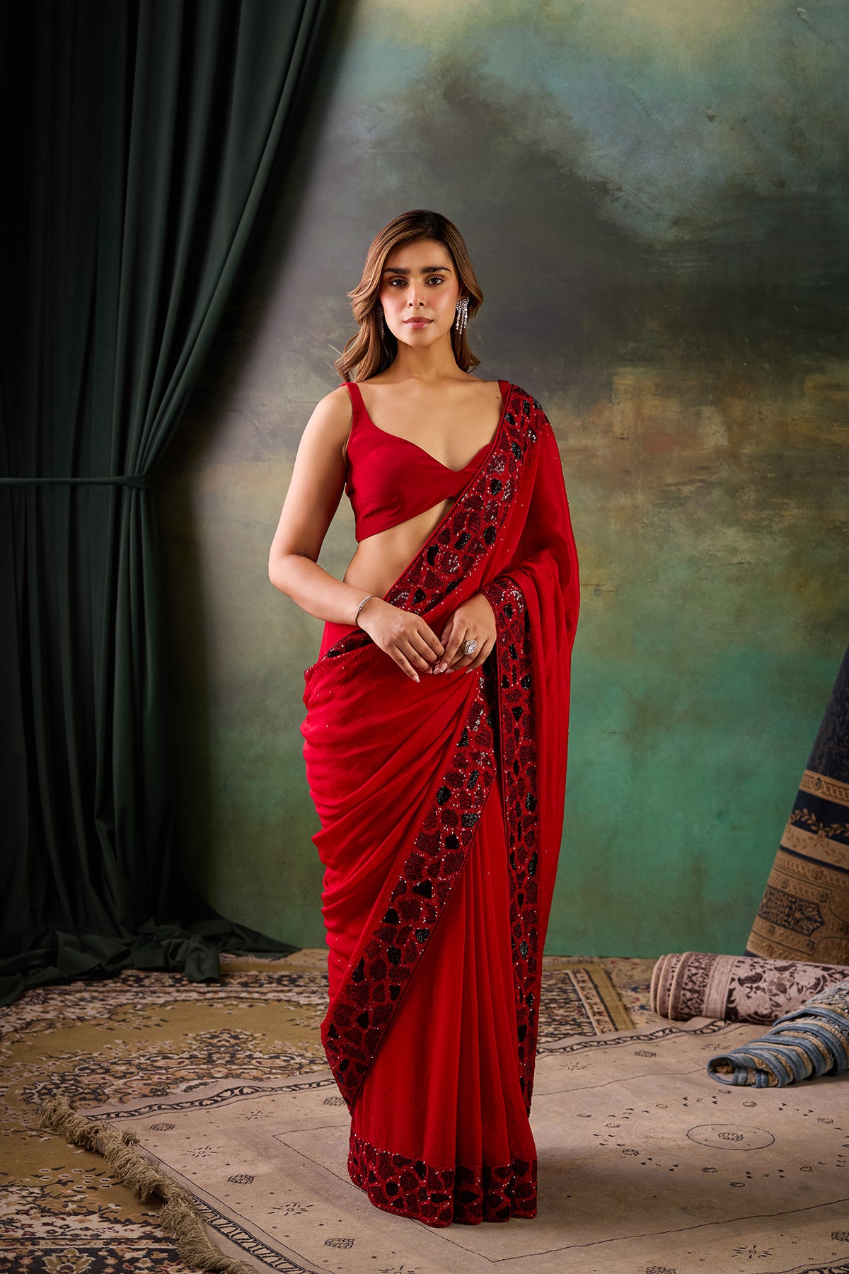 Red Chinon Saree