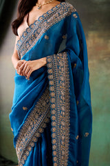 P-Blue Organza Hand Work Saree