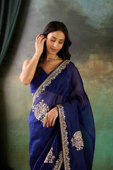 Blue Organza Hand Work Saree