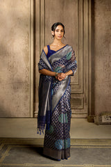 Navy-Blue Tissue Kora Silk Saree